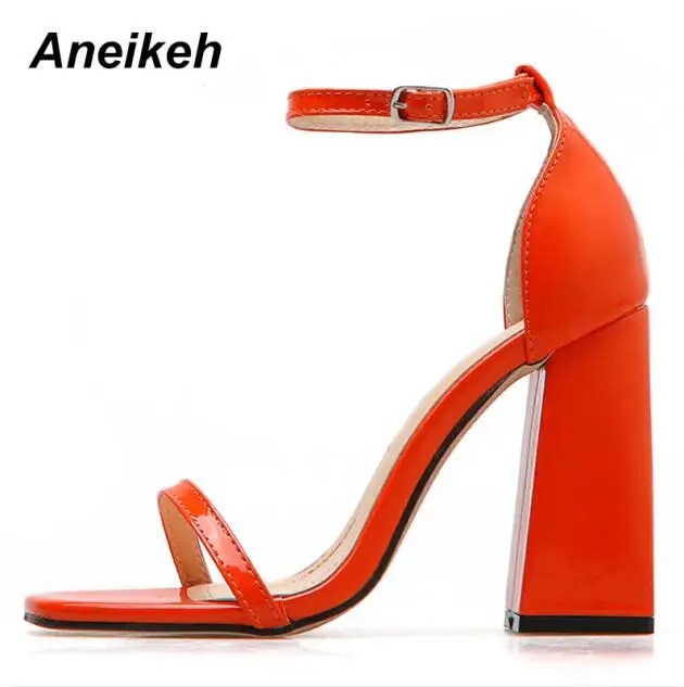 Orange Aneikeh/; летние классические женские босоножки из искусственной кожи; пикантные туфли с квадратным носком на высоком квадратном каблуке; туфли с пряжкой на ремешке; цвет черный, оранжевый, желтый, зеленый - Цвет: Orange