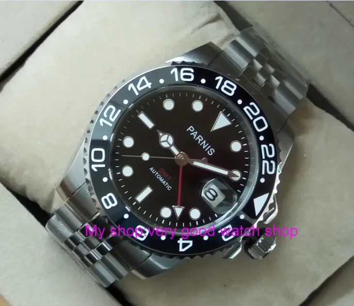 Мужские автоматические часы PARNIS GMT 40 мм с черным керамическим ободком сапфировым