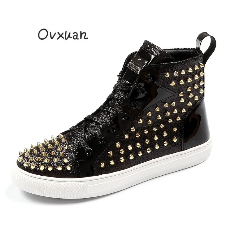 

OVXUAN Luxury Brand Mens Leather Ankle Boots British Style Punk Rivets Trending Shoes men High Top Sneakers Hip Hop Botas Hombre