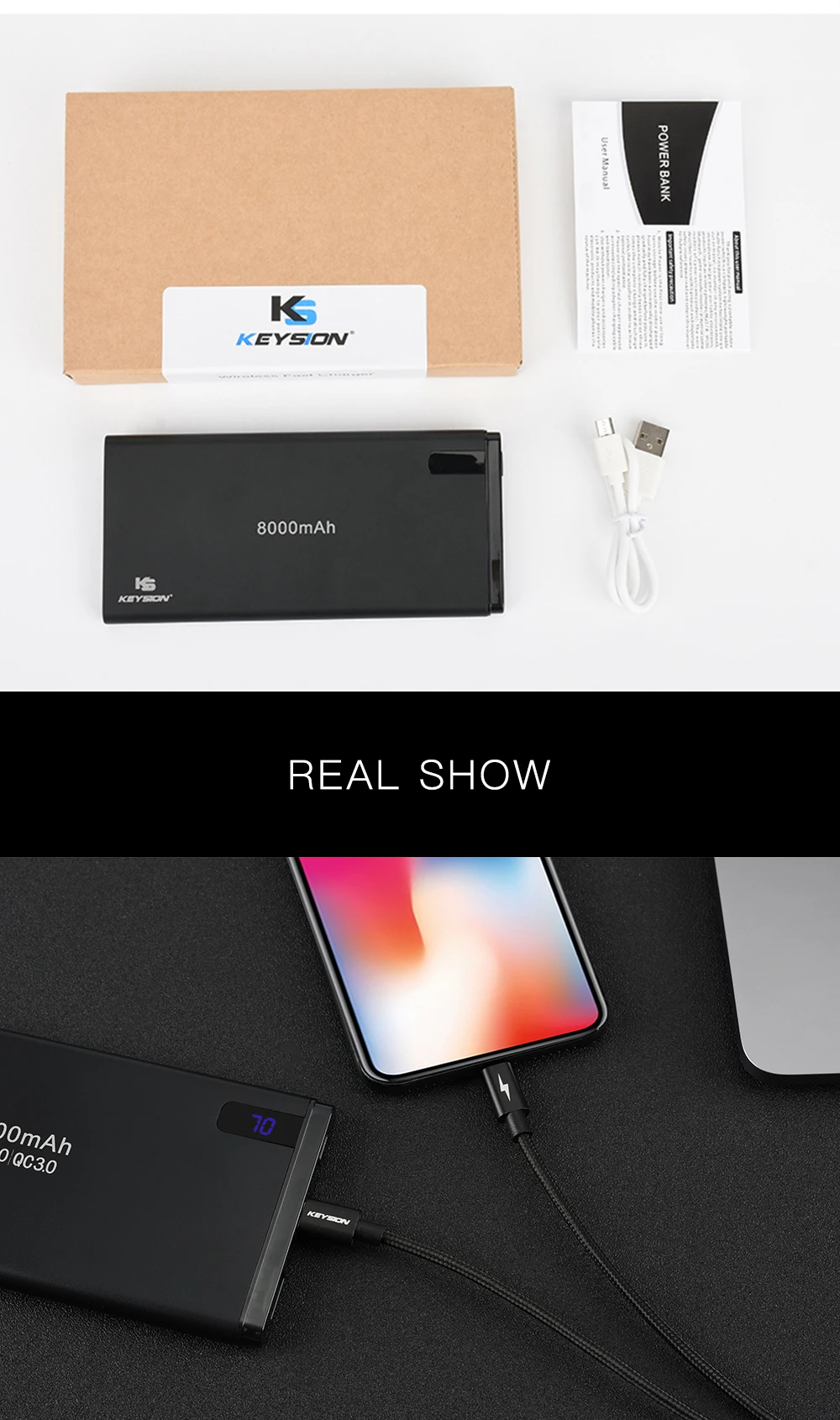 KEYSION 8000 мАч Внешний аккумулятор для iPhone samsung huawei type C PD Быстрая зарядка+ быстрая зарядка 3,0 USB внешний аккумулятор