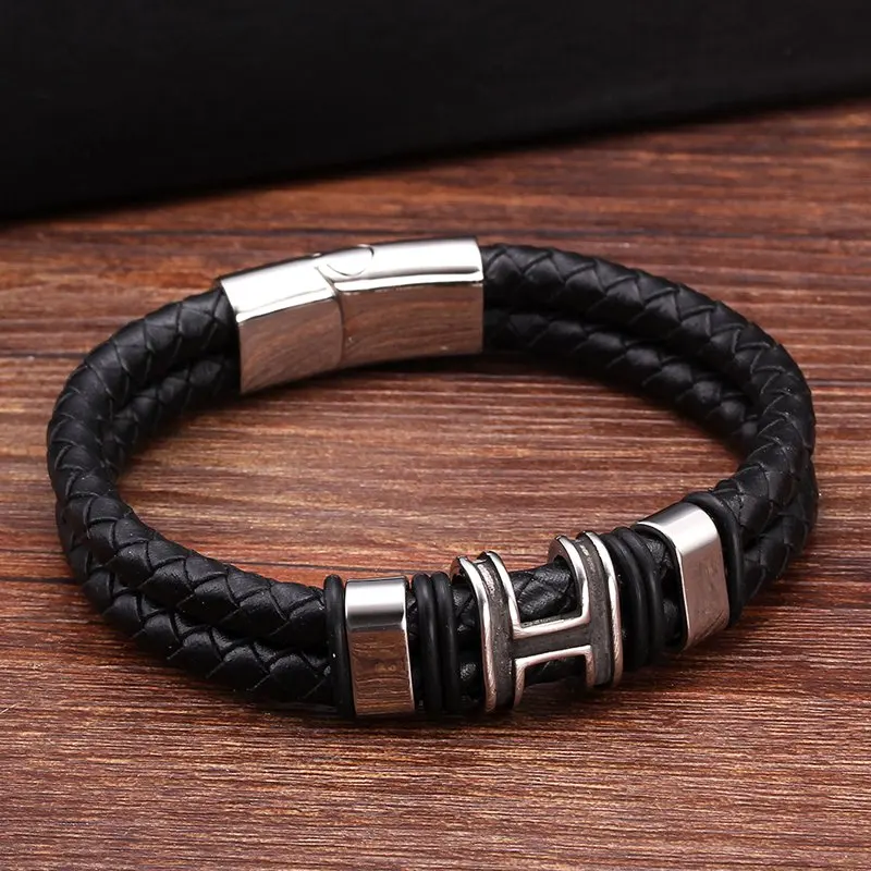 

Brand Vintage Charm Genuine Leather Men Male Sporty Bangles Punk Handmade Braided Stainless Steel Chain Link Cuff Bracelets