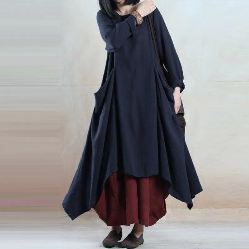 Фото ZANZEA женское свободное плиссированное платье-Кафтан с овальным вырезом длинным