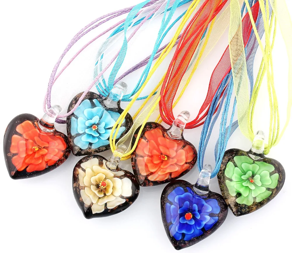 

Fashion Wholesale Lots 6pcs Handmade Murano Lampwork Glass Mixed Color Inside Red Flower Pendants Silk Cords Necklace Necl0008