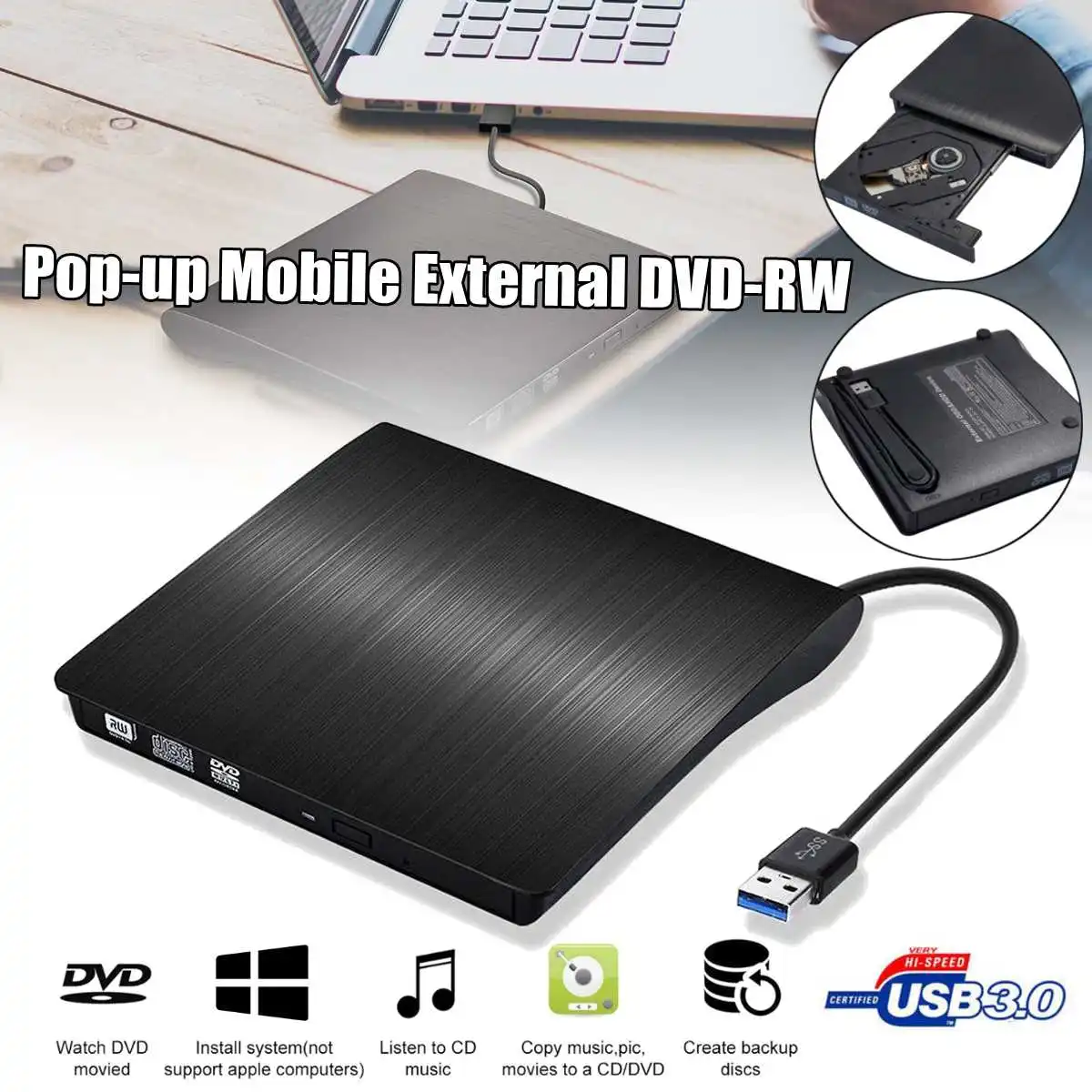 USB 3 0 тонкий внешний DVD RW CD Писатель Привод горелки ридер плеер оптические диски