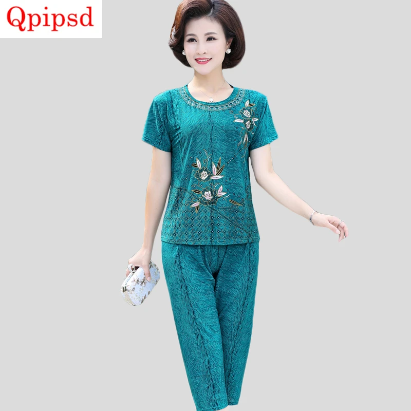 

Middle-aged Clothing Summer 2 Piece Set Womens 2020 New Short Sleeve T-shirt+pant Suit Set Women's Large Size Loose Sporting Set
