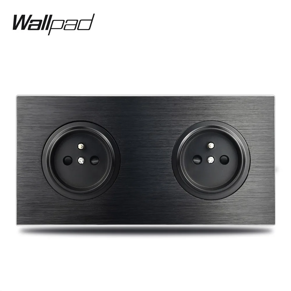 

Wallpad L6 Black Aluminum Double French Wall Electrical Power Round Socket Satin Metal Frame Brushed Plate, 172 * 86 mm
