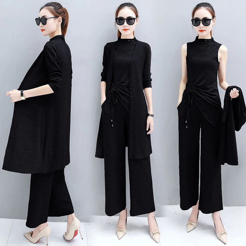 3 шт. женские комплекты кардиган + жилет штаны весенний модный вязаный костюм