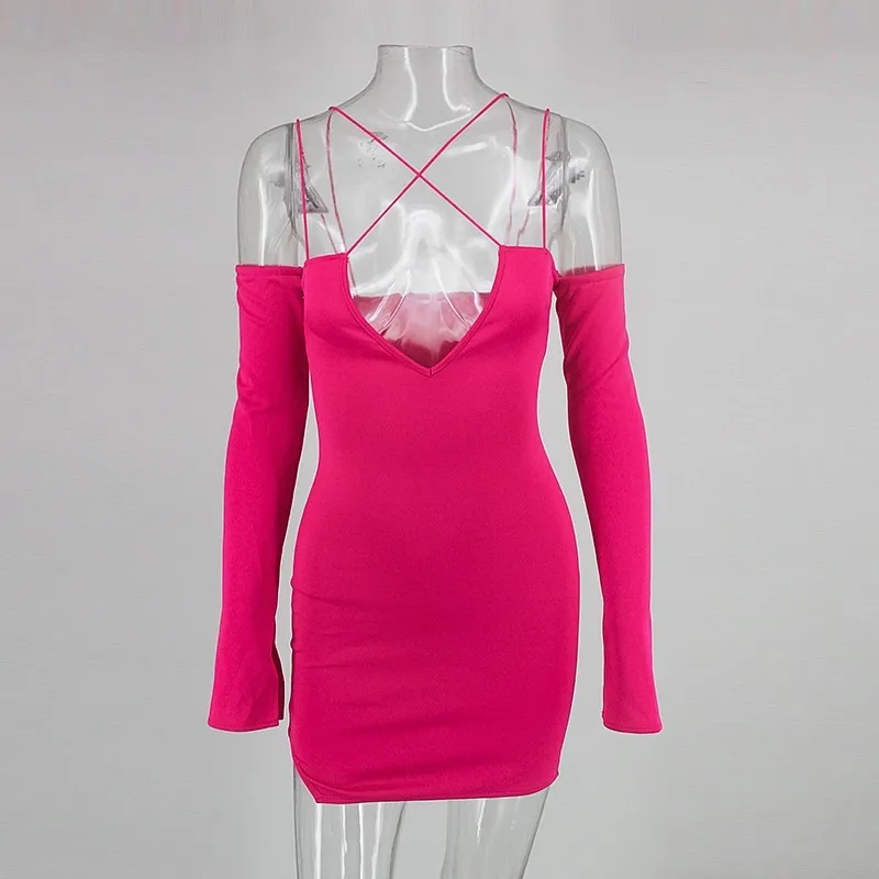 Женское мини-платье на бретельках Tobinoone с разрезом длинным рукавом глубоким