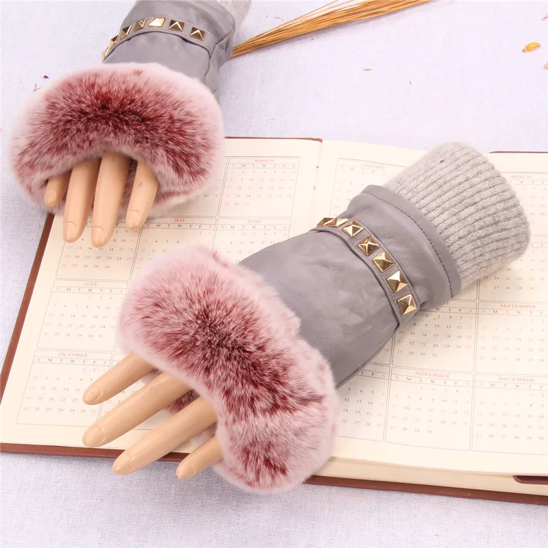 

Cute Women Rabit Fur Leather Fingerless Gloves Spring Winter Thermal Lady Driving Writing Gloves Knitted Rib Cuff Rivet Gloves