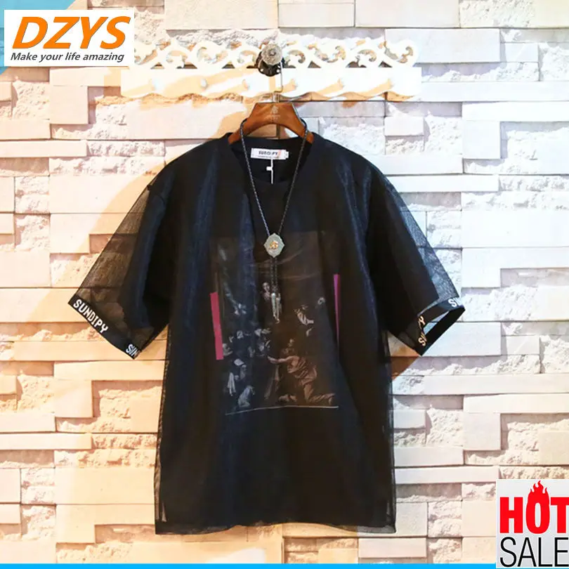 

2018 Summer Night shop fashion personality loose Current printing short sleeve mesh stitching fake DZYS-CX men T-shirt