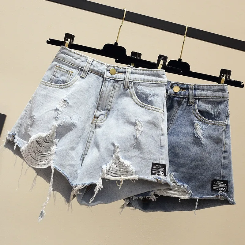

Women's Denim Shorts Classic Vintage High Waist Blue Wide Leg Female Caual Summer Ladies Holes Shorts Jeans Plus Size S-5XL M1