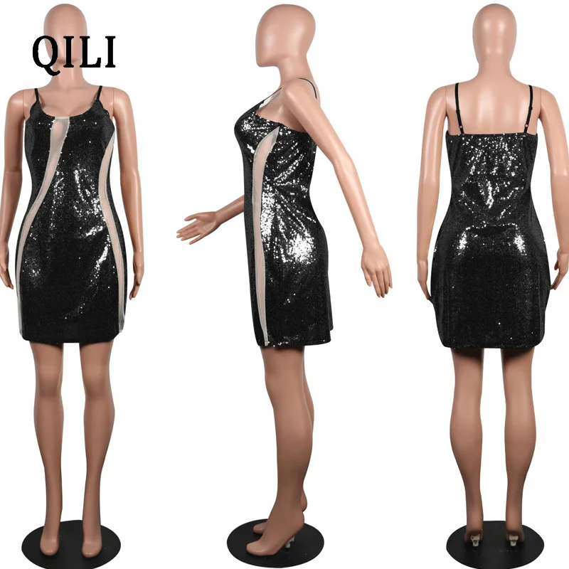 QILI 2019 новое популярное женское платье с блестками Сетчатое лоскутное короткое