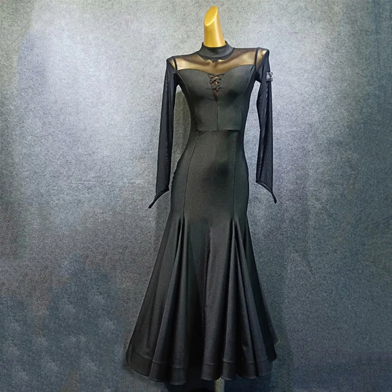 Black Dress Новые платья для конкурса бальных танцев элегантное платье для вальса черное/красное/синее платье с длинным рукавом женские платья для бальных танцев VDB503 - Цвет: Black Dress
