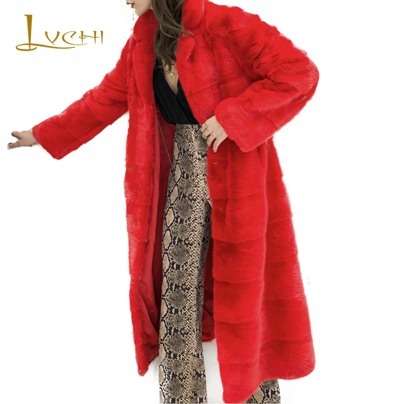 

LVCHI 2019 Winter Imported velvet Mink Fur Coat Real Fur Coats Women Turn-Dowm Collar 6 Color Choose Silm Long Mink Fur Coats