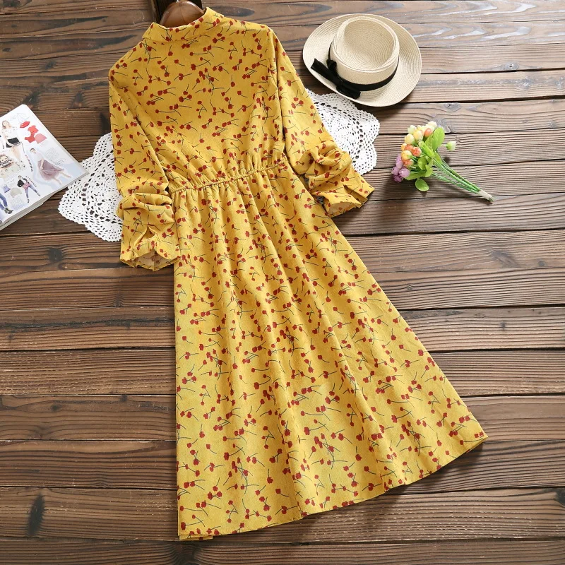 

Corduroy High Elastic Waist Vintage Dress A-line Style Women Plus Size Flower Floral Print Feminino Elegant Spring Dresses 2019