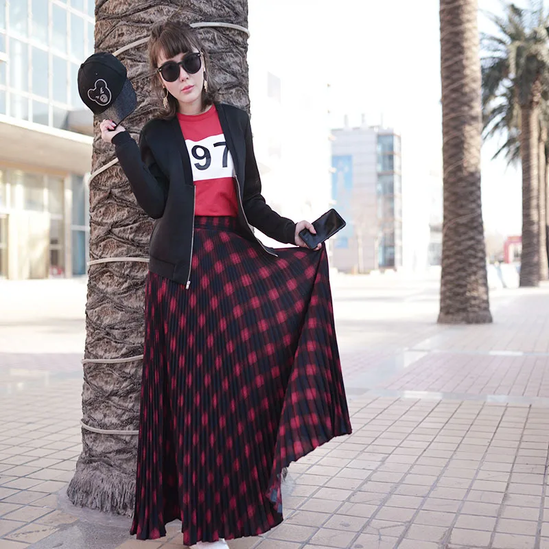 Женская длинная Плиссированная Юбка-макси трапециевидная юбка в клетку с