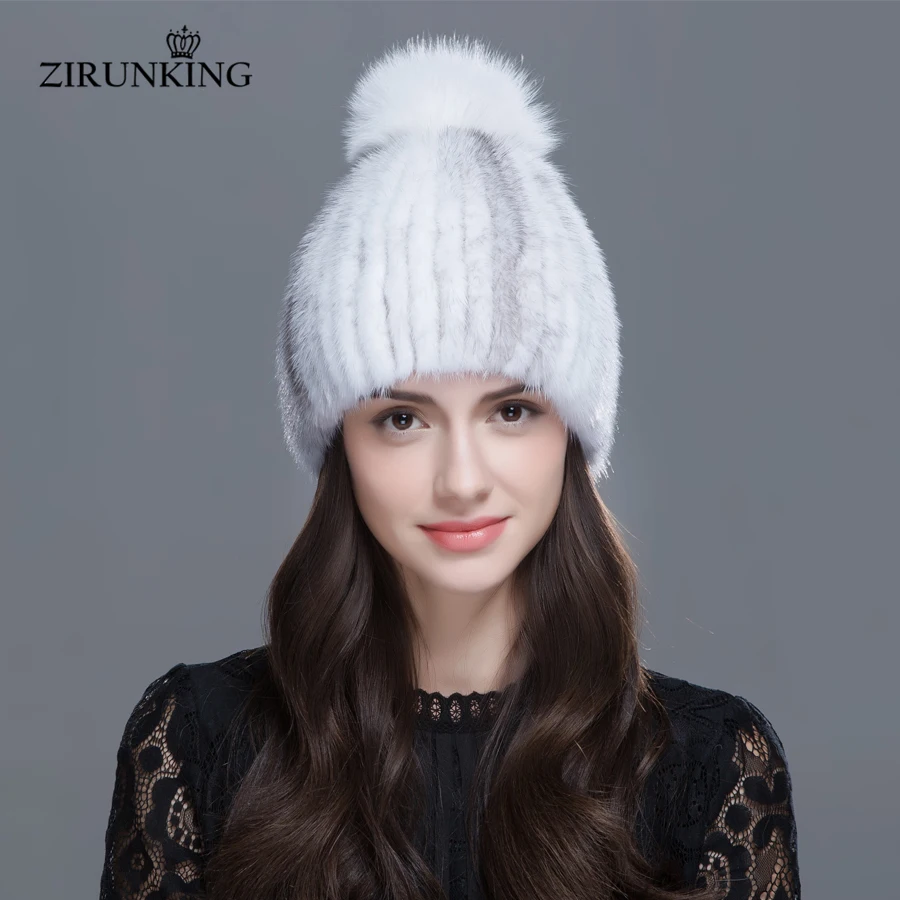 ZIRUNKING женские теплые норки шапки зимние натуральным лисьим мехом шапочки