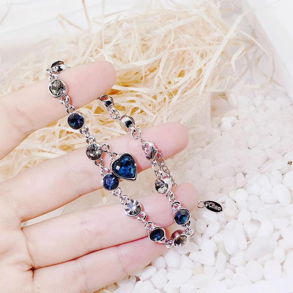 YUN RUO роскошный голубой циркон камень океан Сердце браслет розовое золото цвет