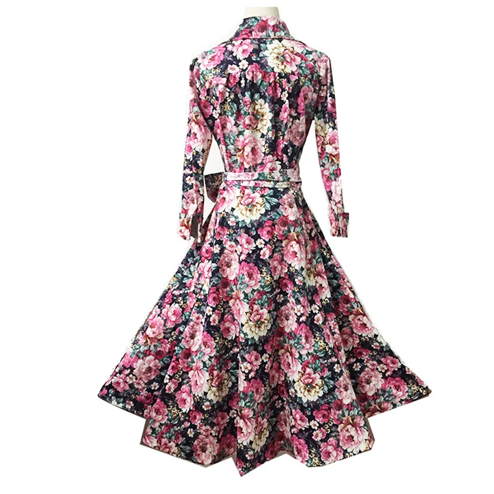 Женщины 50 s Старинные Платья Vestidos Халат Дамы Полный Рукава Цветочным Принтом