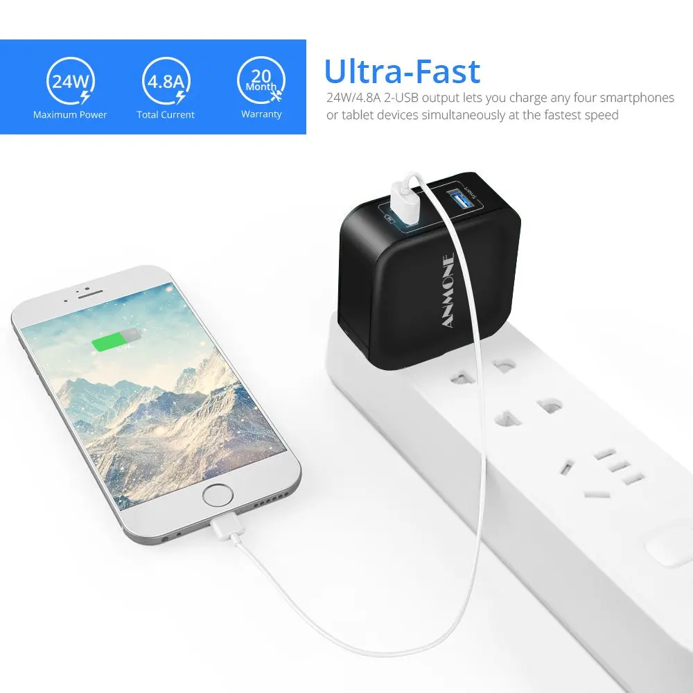 ANMONE, 2 порта, 5 В, 2,4 А, дорожное настенное USB зарядное устройство, 12 Вт, универсальный адаптер, портативный, черный, белый, складной, США, вилка, зарядное устройство для мобильного телефона s