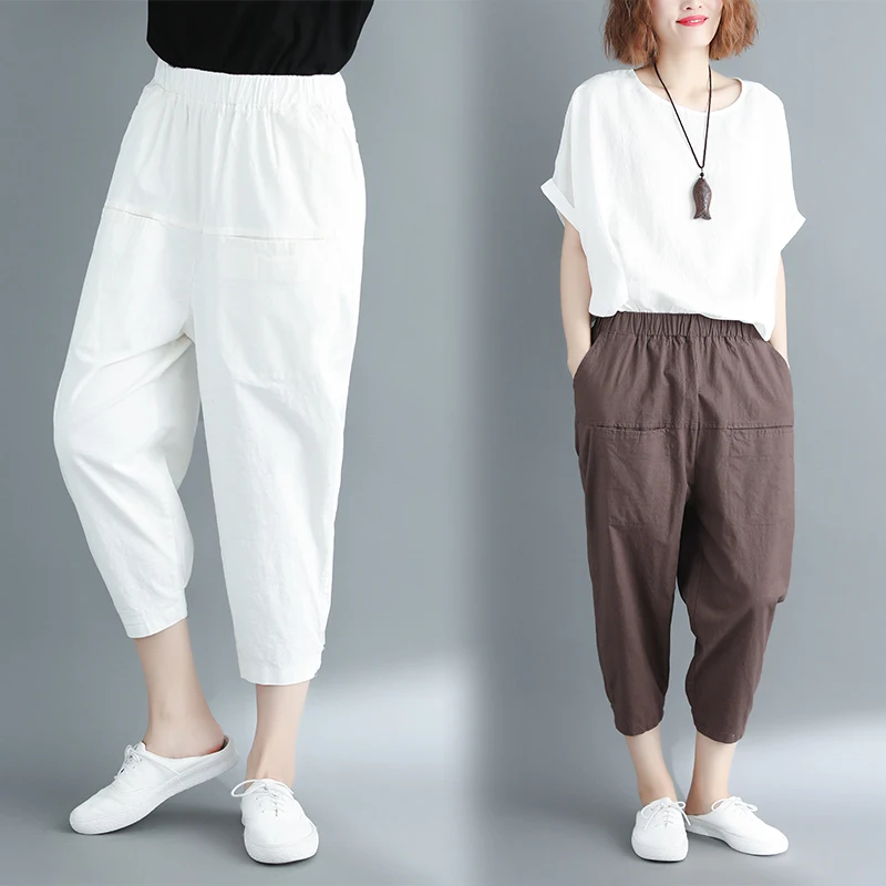 

Fat mm large size pants female summer 2020 new art elastic waist loose harem pants linen solid color nine pants tide
