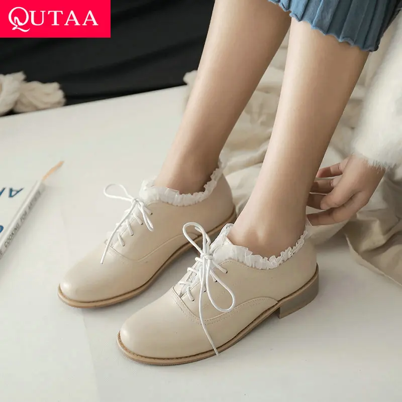 QUTAA/ г. Женская обувь повседневные Демисезонные женские туфли-лодочки из искусственной кожи, на платформе, со шнуровкой, на квадратном каблуке, с круглым носком размеры 34-43