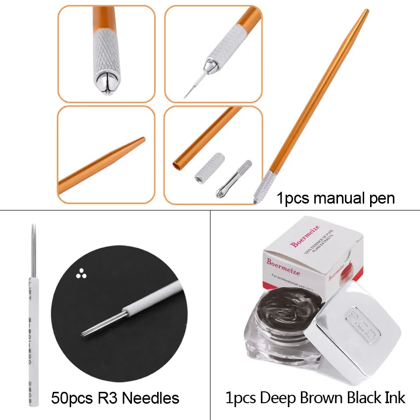 Tattoo Manual Pen Kit with Round Needles 3RL Pigment Ink Permanent Makeup Fog Eyebrow Microblading Beauty Tools Set Supplies