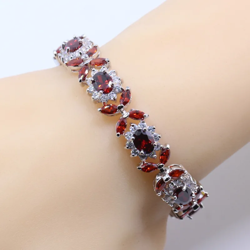 Ювелирный Набор серебряного цвета красный гранат кольцо с белым цирконием
