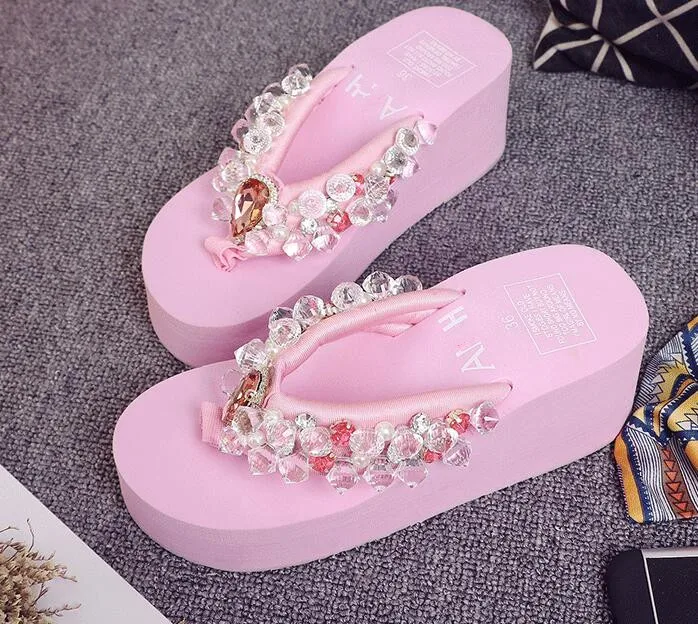 Роскошные большие блестящие шлепанцы стразы женские праздничные пляжные туфли