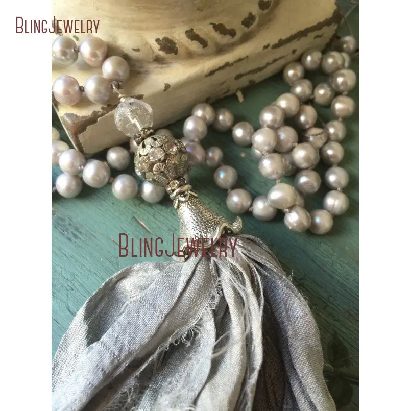 Shabby BoHo Necklace Grayish Sari Silk Tassel Knoting Gray Pearls Beads Necklace NM18275