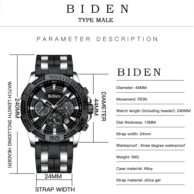BIDEN Мужские Спортивные кварцевые наручные часы с хронографом армейские