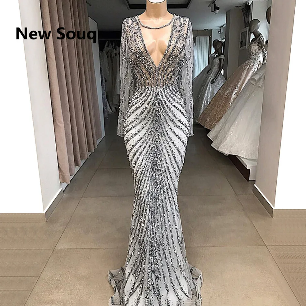 Luxury Crystal Beaded Middle East Dubai Evening Dresses Illusion V-neck  Long Sleeves Mermaid Party Prom Dress Vestido De Festa