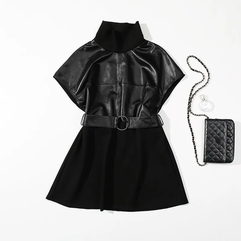 black Новое поступление, женское платье из натуральной кожи с коротким рукавом и поясом, Ретро стиль, приталенное, корейский стиль, женское платье А-силуэта - Цвет: black