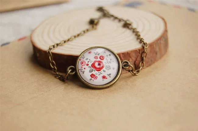 Прекрасная роза Цветочный принт круглый стеклянный кабошон Браслеты бронзовая