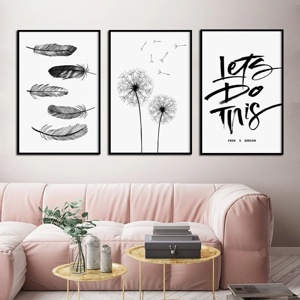 

Black White Feather Dandelion Quotes Nordic Posters and Prints Wall Art Canvas Painting Wall Pictures For Living Room Home Decor