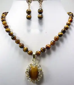 

Real Tigereye Tiger's Eye Opal 18KGP Crystal Pendant Necklace Earrings SET