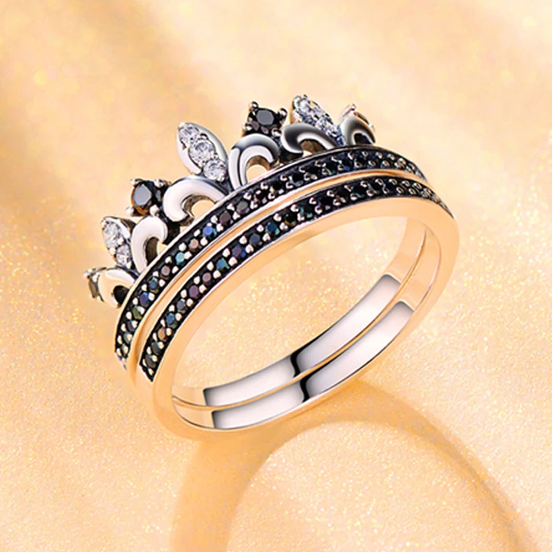 925 Серебряное кольцо Принцесса Корона с черным прозрачным кристаллом двойное
