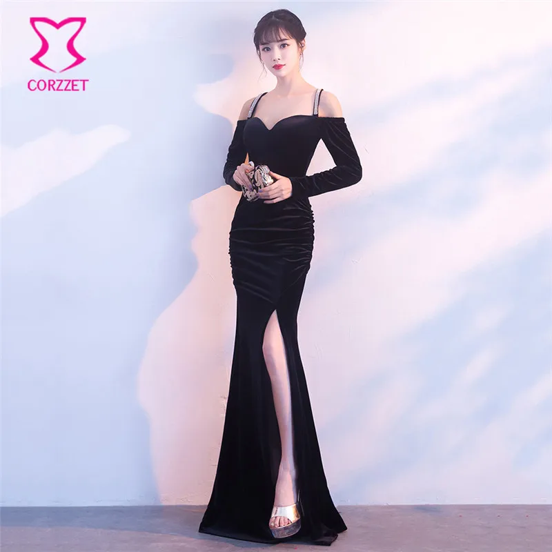 Black Velvet Deep V Neck Diamond Strap Backless Full Sleeve Side Split Mermaid Party Dress Women Banquet Nightclub Sexy Dresses | Женская