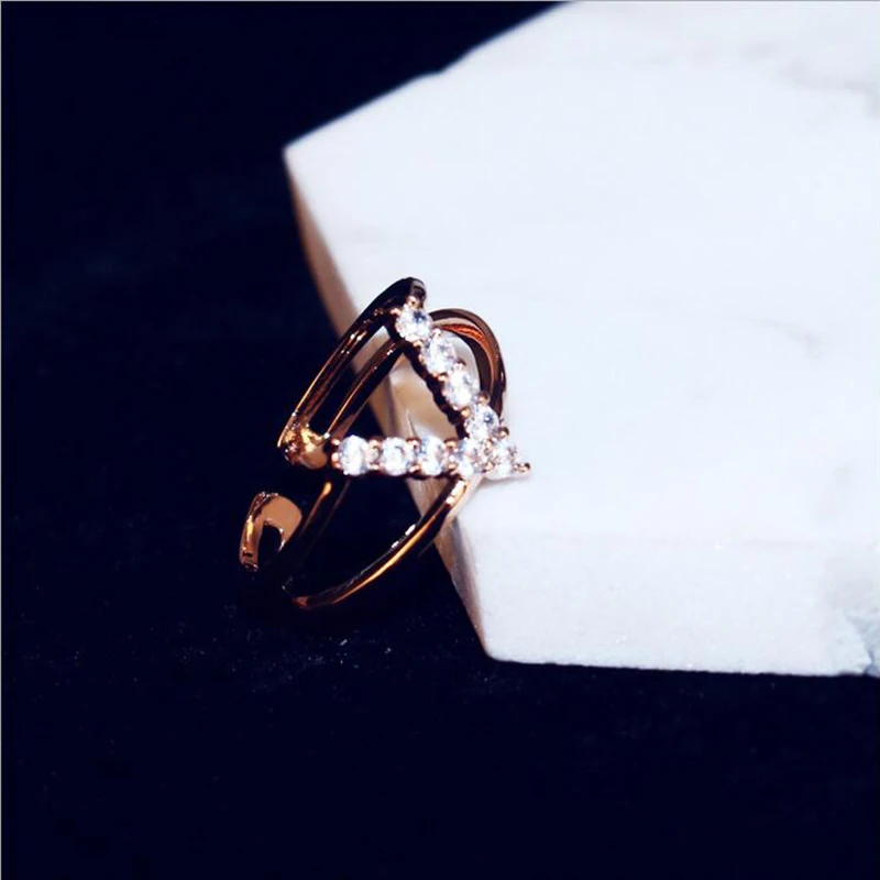 

AGOOD Brand Letter Open Ring Women Luxury Rose Gold Metal Finger Rings Cubic Zirconia 2 Layers Female Anillos Fashion Jewle