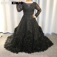 real black prom dresses 2019 feather beaded crew neckline lace appliques long sleeve a line evening dresses beaded evening gowns