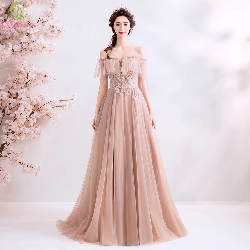 

SSYFashion New Long Evening Dress Sweet Nude Pink Boat Neck Floor-length Lace Appliques Beading Formal Gowns Robe De Soiree