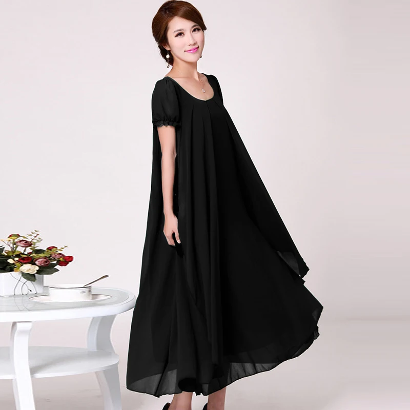 

Summer Women Dress Middle-aged Mother Loose short sleeve Plus-size Fat Fake Two-piece Chiffon Slim Fashion belt long DressQH1339