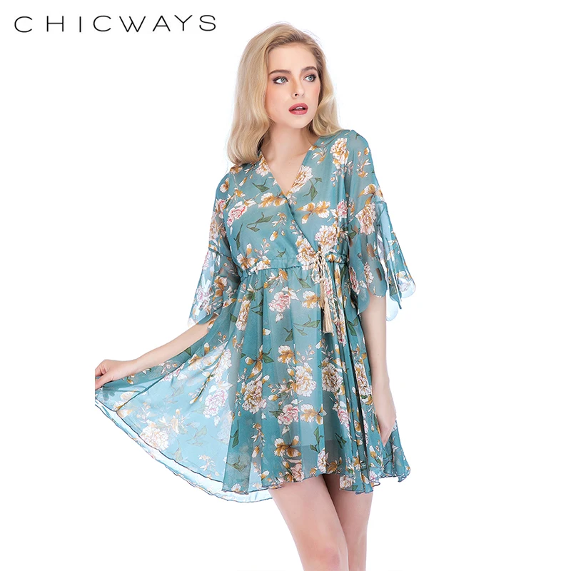 Chicways рюшами Лук цветочным принтом мини платье Для женщин v шеи галстук до летнее
