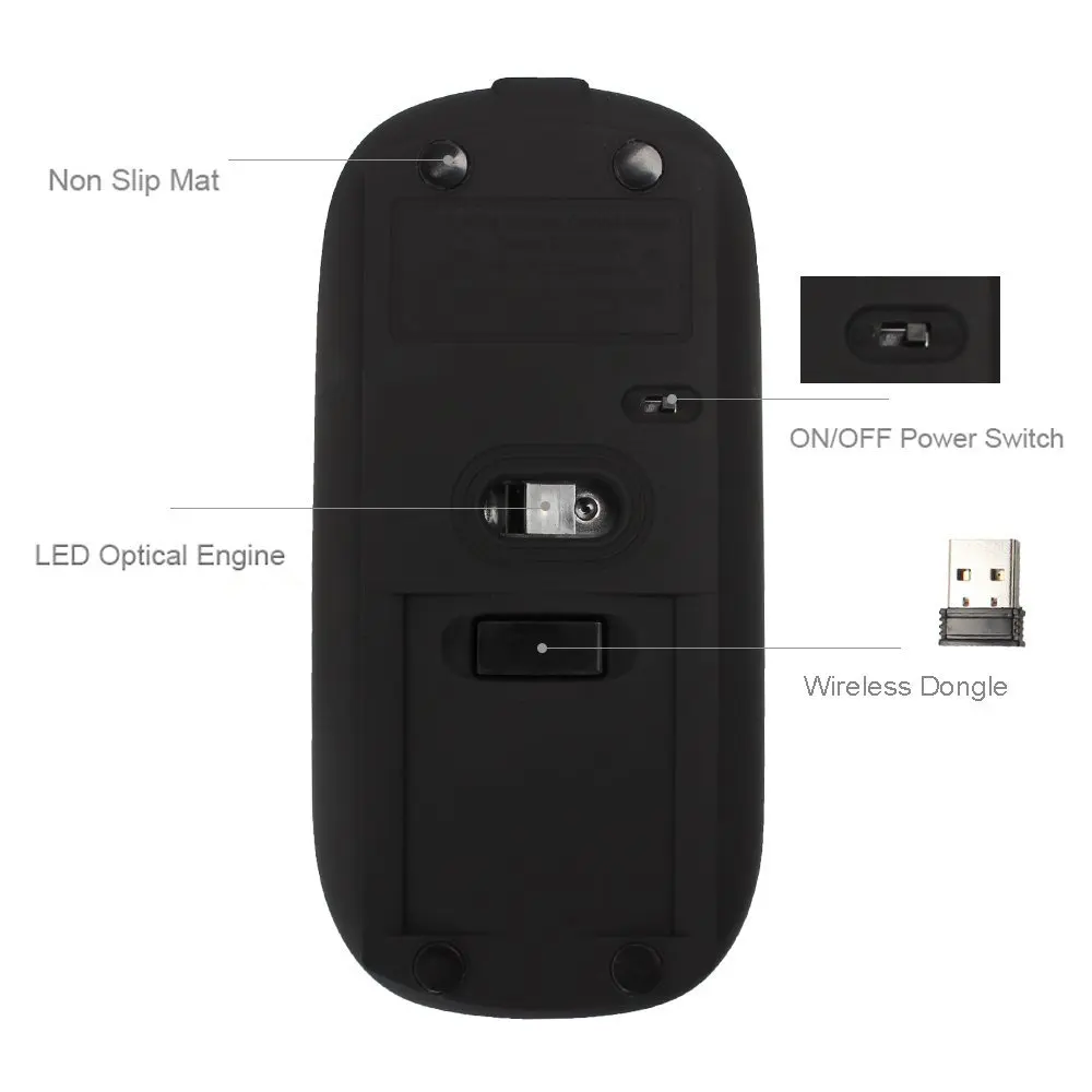 Мышь беспроводная аккумуляторная Бесшумная 2 4 ГГц 3 точек/дюйм для ноутбука