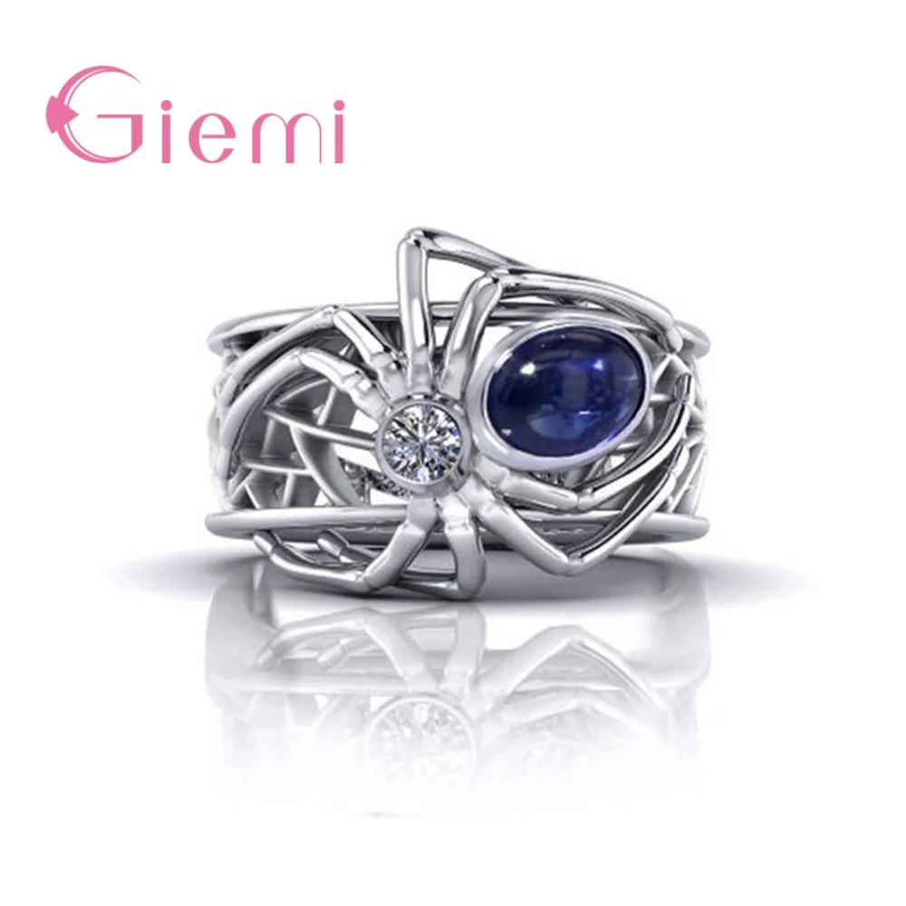 

Creative 925 Sterling Silver Animal Spider Ring Unique Punk Blue Austrian Crystal Cocktail Ring For Women Wedding Band Jewelry
