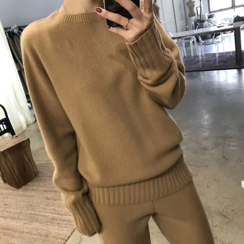 

2021 O-neck Full New Cashmere Suit Women's Knit Wide-leg Pants And Loose Lazy Thick Round Neck Sweater Two-piece Warm Women