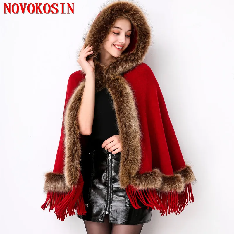 

SC293 2018 образец зимний теплый искусственный мех длинное Вязаное пончо с кисточками осенний кашемировый свитер женский европейский кардиган ...