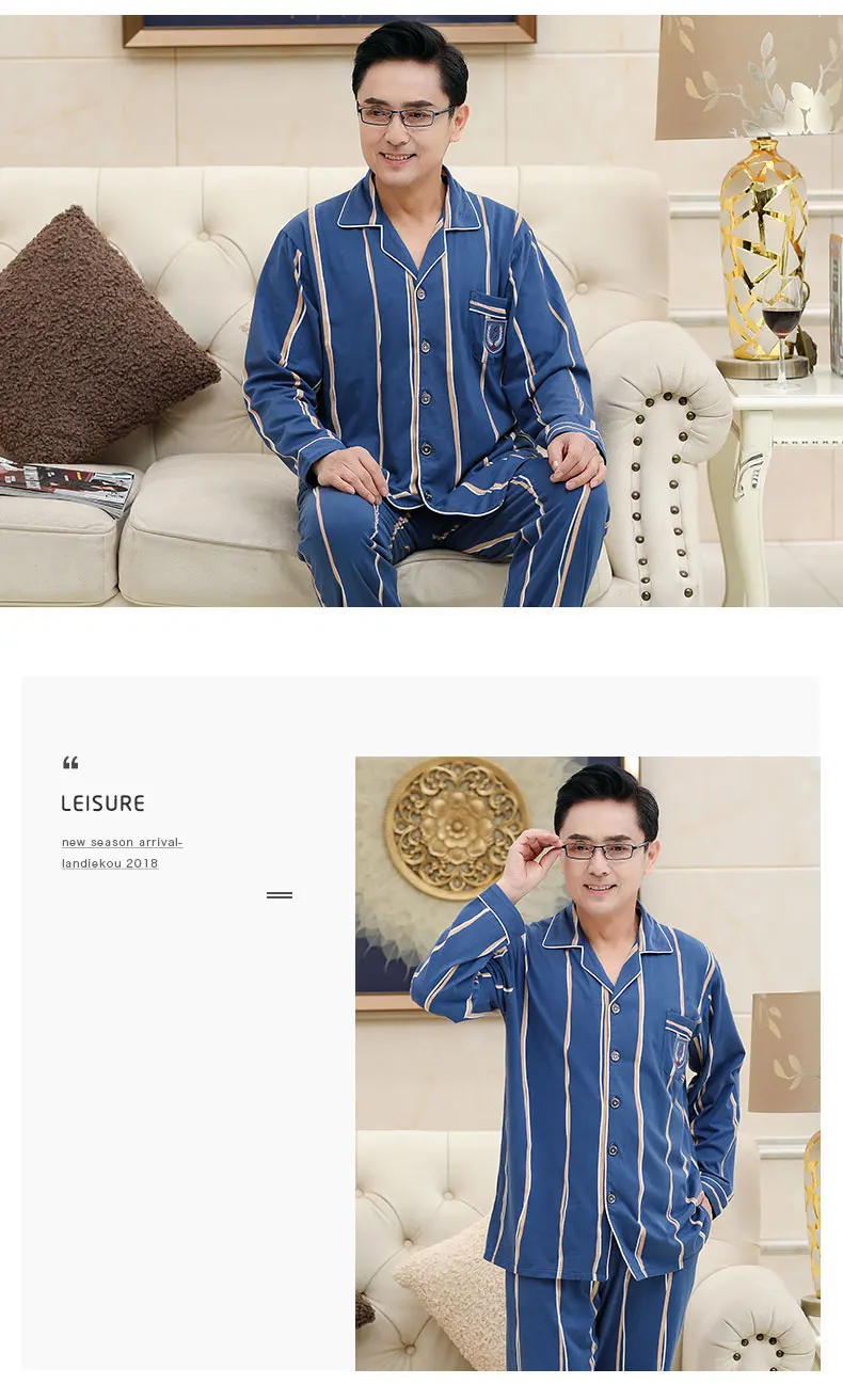 Sleep Suit Men Spring Autumn Cotton High Quality Brand Pajama Set Men Long Sleeve Blue Color Stripe Sleepwear Pajama Male