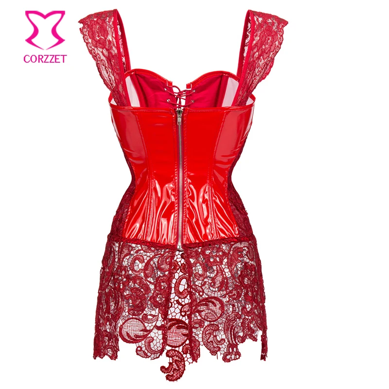 Красное цветочное кружево и ПВХ горячее сексуальное платье с корсетом
