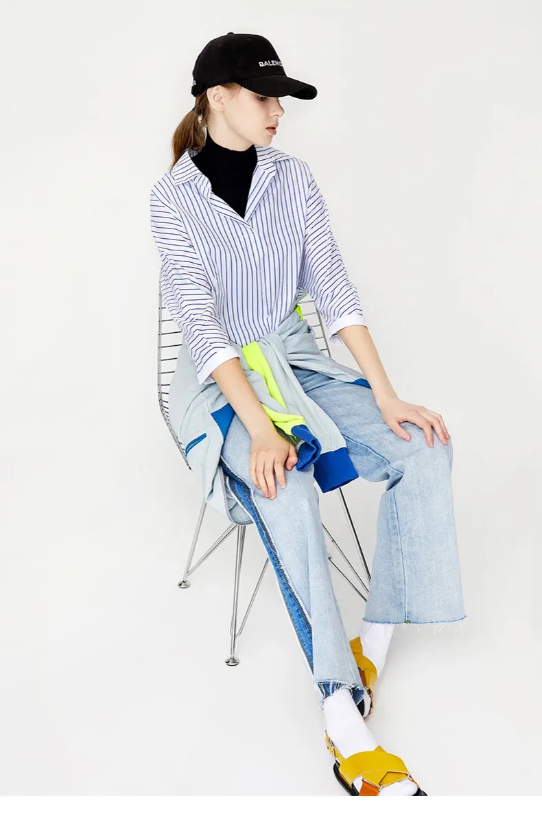 Toyouth New Loose Women Autumn Blouses Asymmetrical Patchwork Batwing Sleeve Blouse All Match Striped Female Tops Shirts